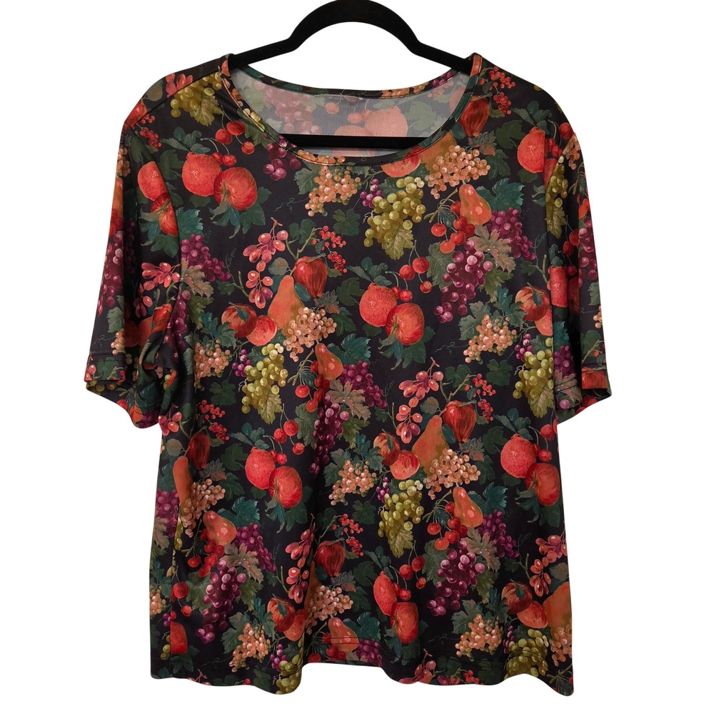Fall Fruit Print Short Sleeve Top Grapes Pears Apples Figs Crew XL Boho Artsy